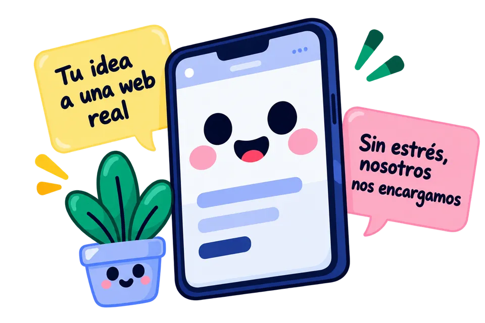 Ilustración de un móvil sonriente junto a una planta, con notas que dicen «Tu idea a una web real» y «Sin estrés, nosotros nos encargamos».