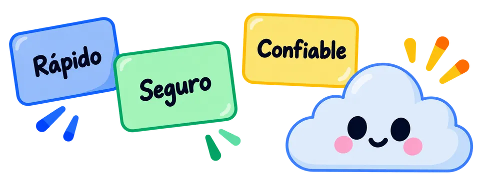 Ilustración con tres recuadros que dicen «Rápido», «Seguro» y «Confiable», junto a una nube sonriente.