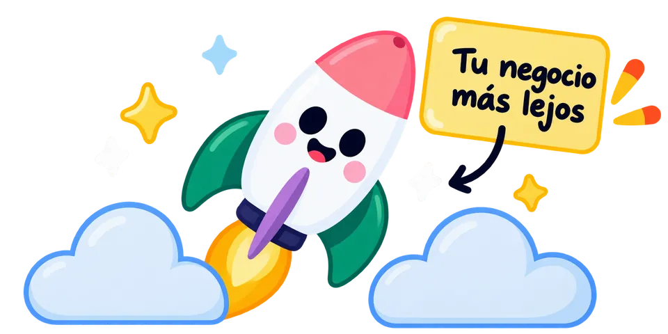 Ilustración de un cohete sonriente despegando entre nubes, con un cartel que dice «Tu negocio más lejos».